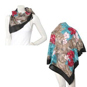 Vintage Hibiscus Floral Silk Blend Scarf Square Tropical Black Pink Blue